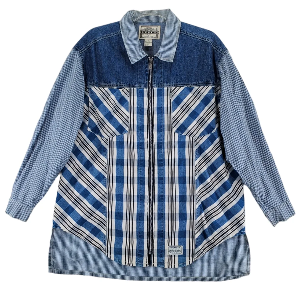 Vtg Levis Shirt Mens M Blue White Plaid Check 3/4 Sleeves Full Zip